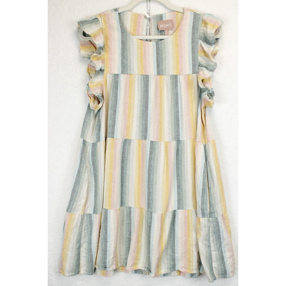 Show Me Your MuMu Dresses & Skirts - Show Me Your Mumu Babydoll Linen Short Dress Ruffle Sleeves M Pastel Stripe